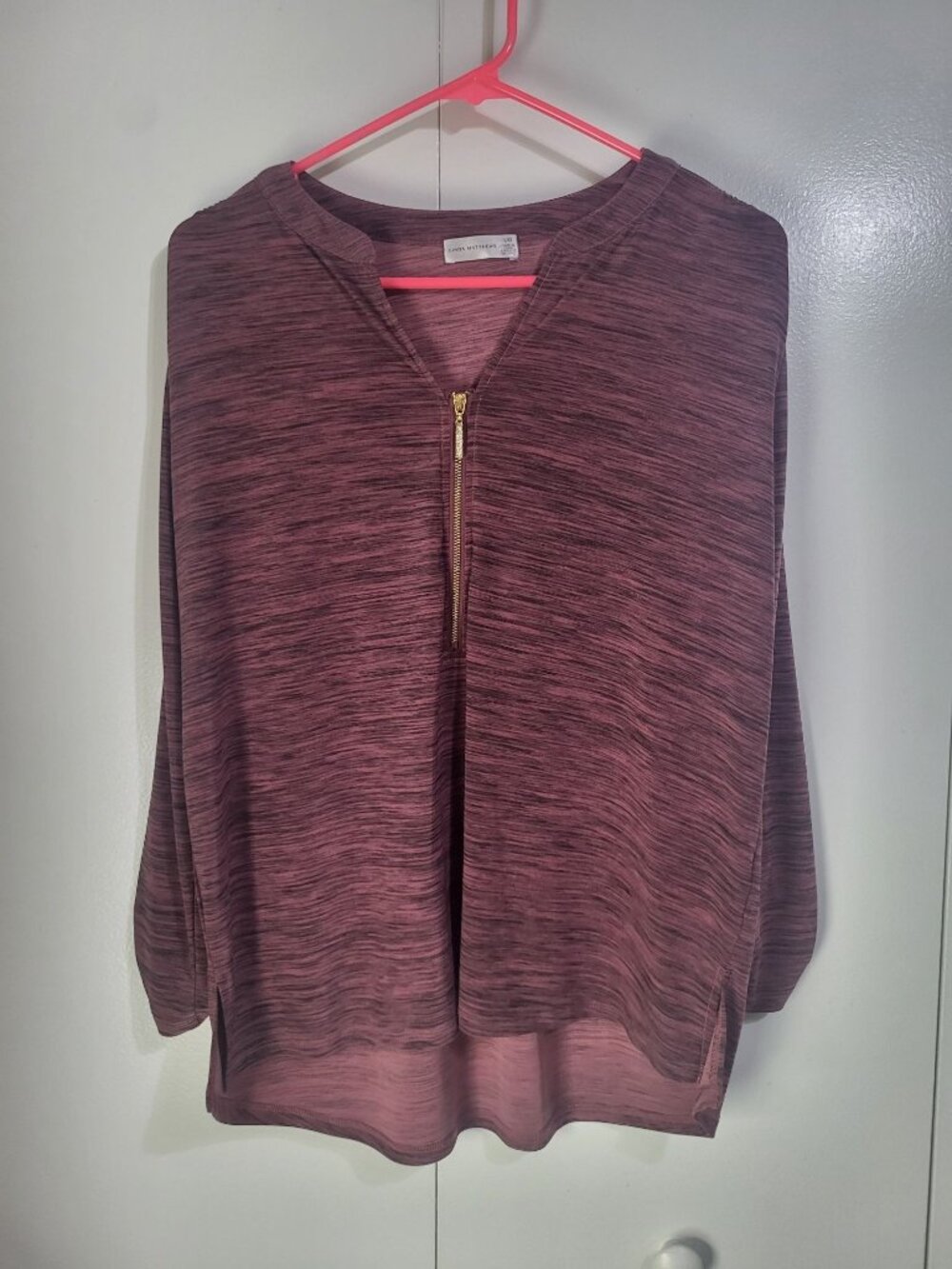Linda Matthews SZ LG Roll Tab Sleeve Blouse Top Space Dye Heathered Partial Zip